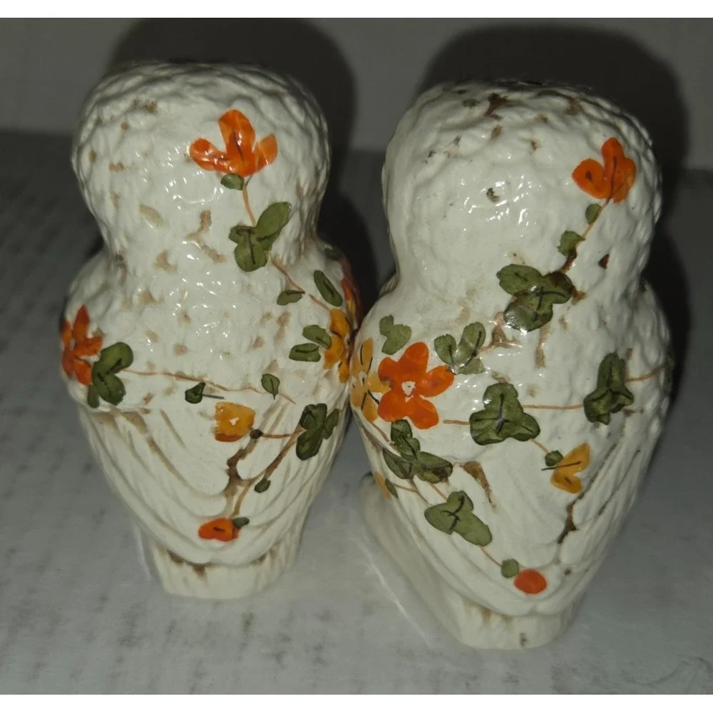 Vintage Ceramic Owl Salt+Pepper Shaker - Hand-painted Floral and Feathers